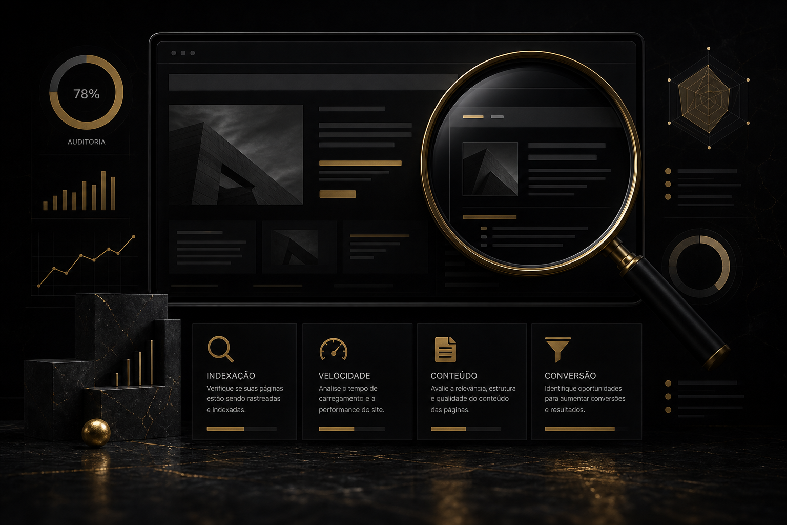 Imagem editorial com fundo escuro mostrando um painel analítico, uma lupa sobre um site na tela e destaque para auditoria de SEO, indexação, velocidade, conteúdo e conversão.
