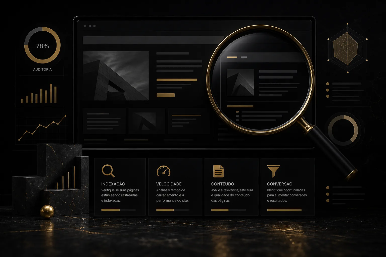 Imagem editorial com fundo escuro mostrando um painel analítico, uma lupa sobre um site na tela e destaque para auditoria de SEO, indexação, velocidade, conteúdo e conversão.