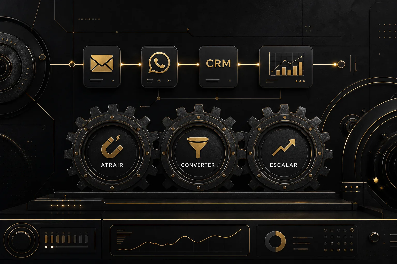 Painel editorial premium de automação de marketing com fluxo entre e-mail, WhatsApp e CRM, em tons escuros, destacando três engrenagens para Atrair, Converter e Escalar.