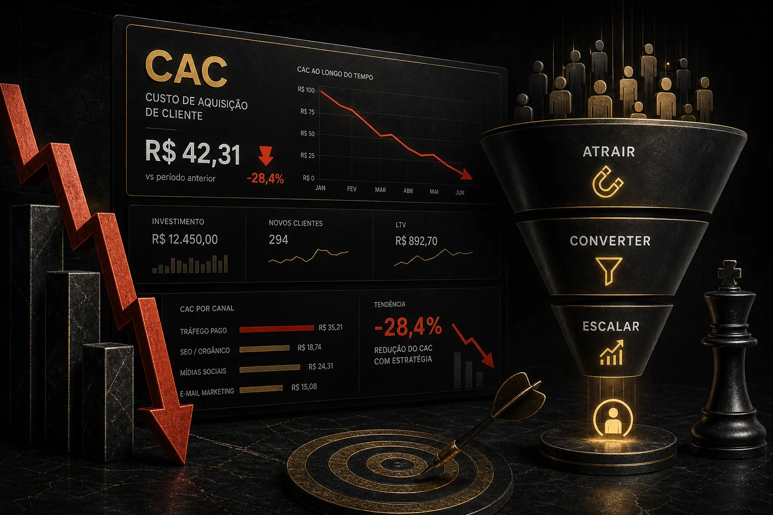 Painel executivo com CAC em destaque, setas de redução e funil de aquisição com etapas atrair, converter e escalar em estilo Dark n Black.