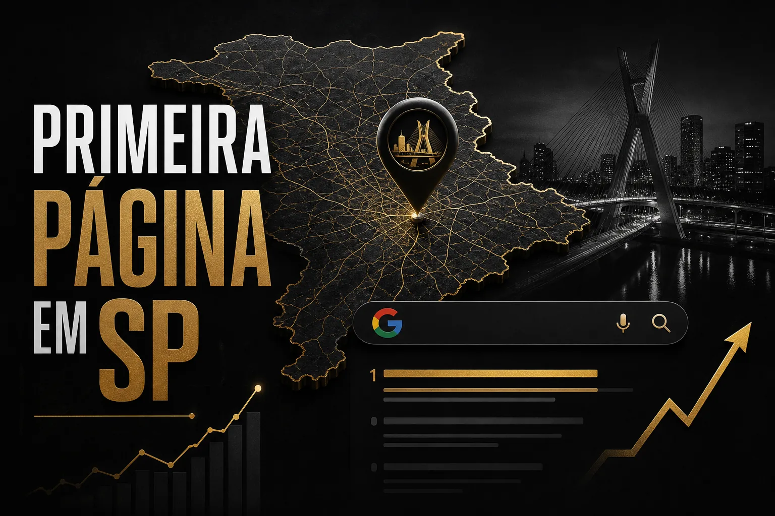 Imagem editorial com fundo escuro, elementos estilizados de busca do Google e mapa de São Paulo em destaque, com o título 'Primeira Página em SP'.
