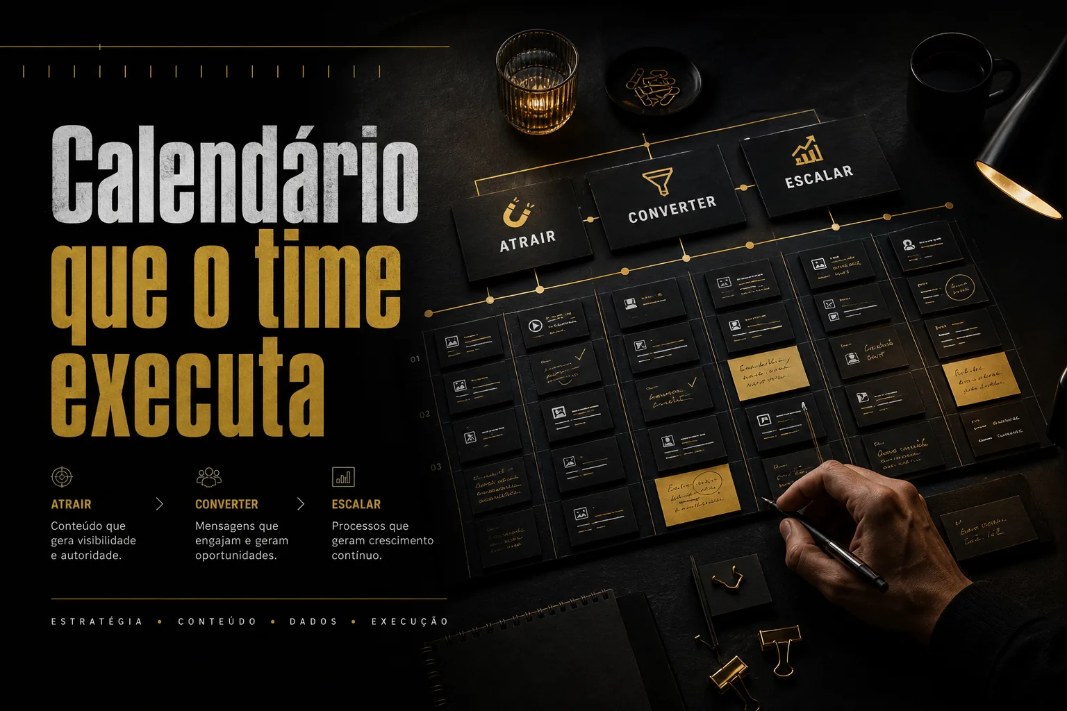Imagem editorial escura e premium com mesa de planejamento, blocos e cards conectando Atrair, Converter e Escalar, com a frase 'Calendário que o time executa'.