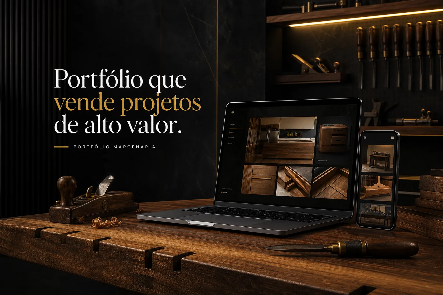 Imagem editorial premium de marcenaria com notebook e celular exibindo um portfólio digital sobre bancada de madeira nobre, com o texto 'Portfólio que vende projetos de alto valor'.