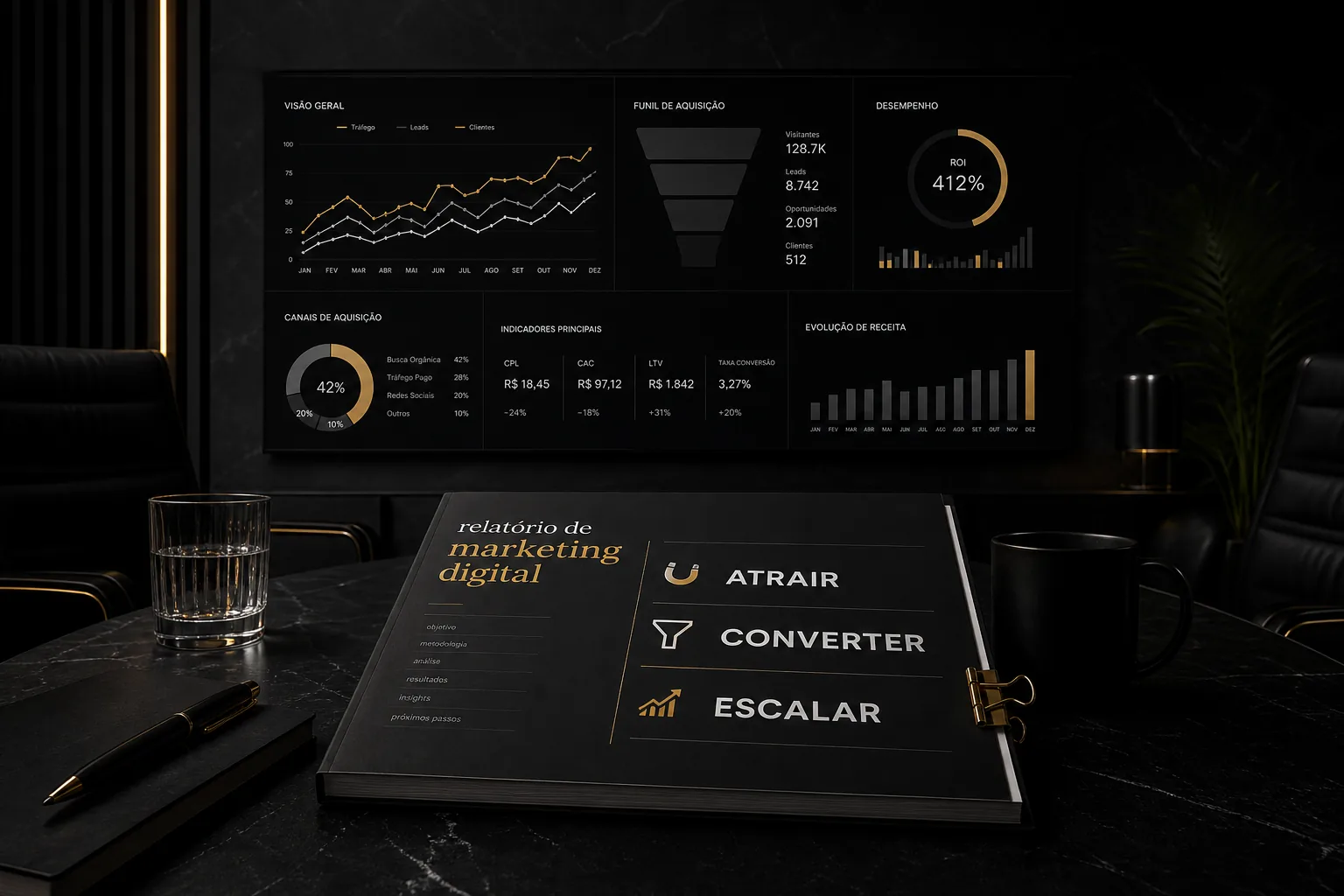 Imagem editorial sofisticada com dashboard escuro, gráficos limpos, mesa de reunião e destaque para Atrair, Converter e Escalar em um relatório de marketing digital.