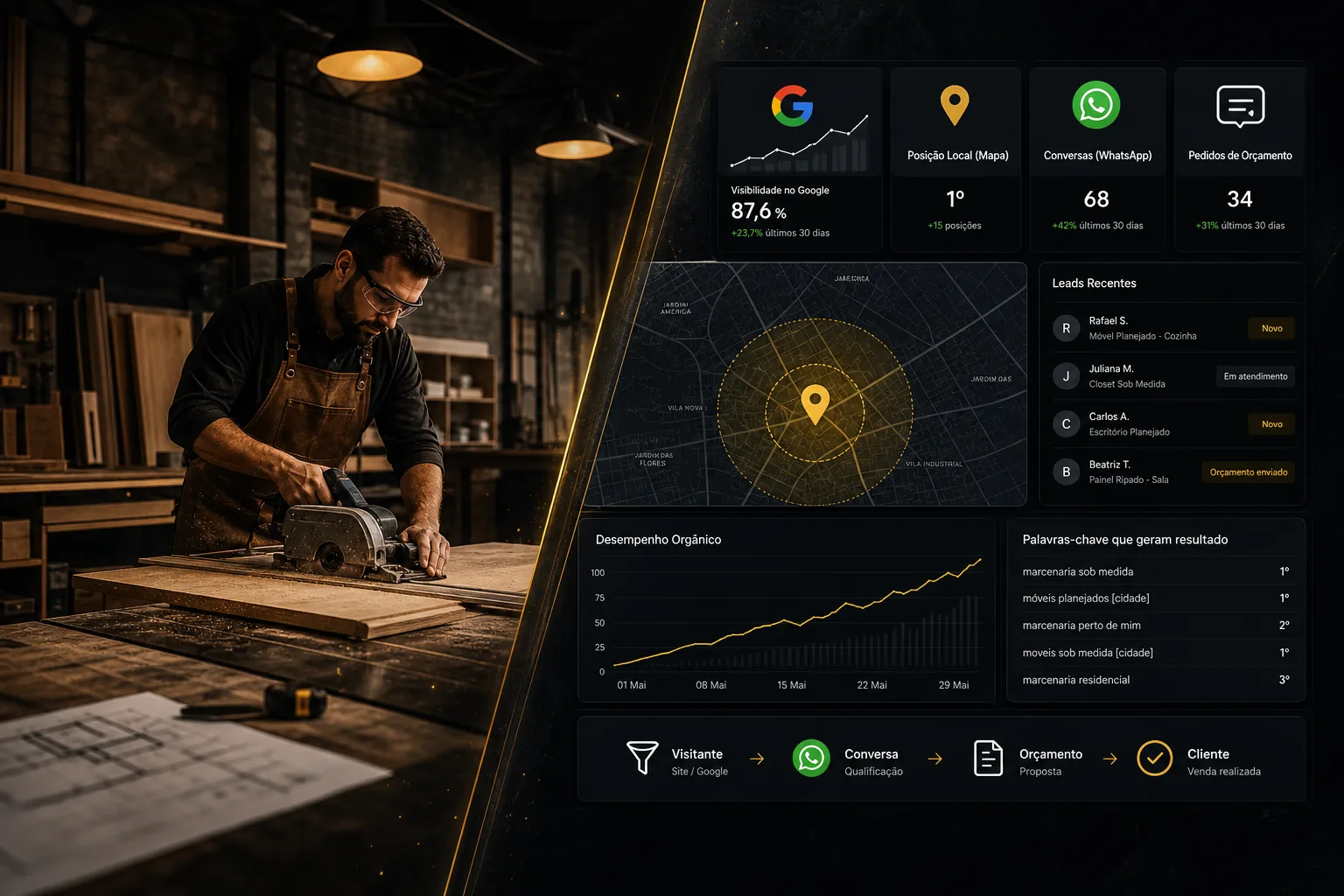 Imagem hero em tela dividida mostrando uma marcenaria real de um lado e um dashboard de site com Google, mapa local, WhatsApp e pedidos de orçamento do outro, com estilo escuro e foco em conversão.