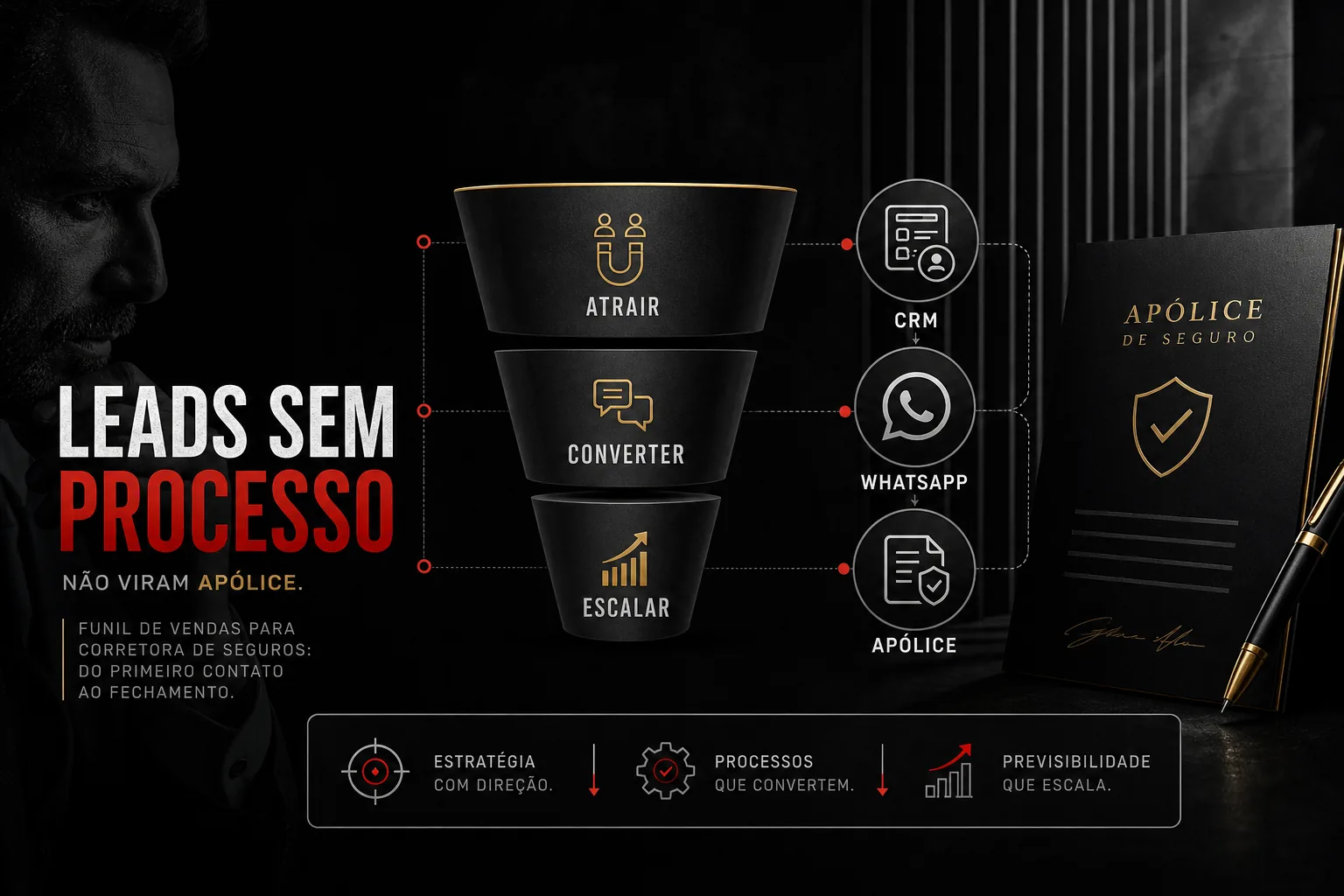 Imagem editorial dark premium sobre funil de vendas para corretora de seguros, mostrando as etapas Atrair, Converter e Escalar com ícones de CRM, WhatsApp e apólice, destacando que leads sem processo não viram apólice.