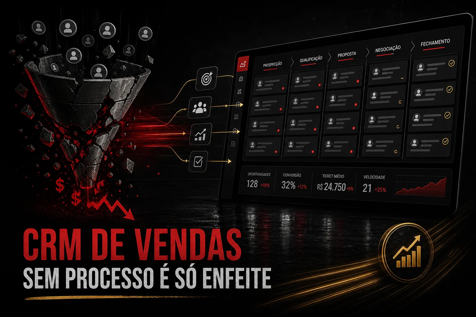 Imagem editorial com fundo escuro e detalhes em vermelho mostrando um funil comercial quebrado se transformando em um pipeline organizado dentro de uma interface de CRM de vendas.
