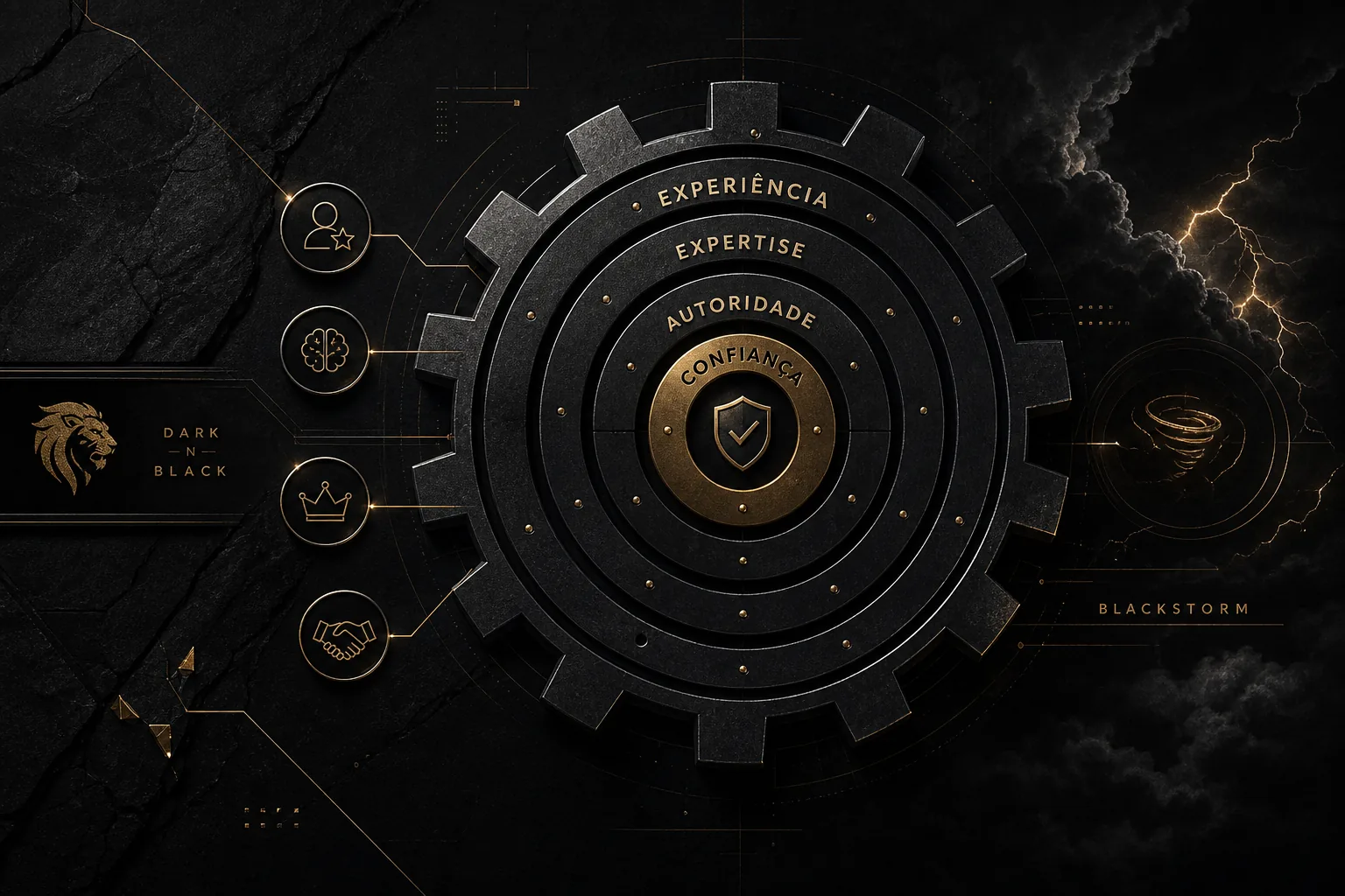 Imagem editorial dark premium com engrenagem central representando E-E-A-T no Google, conectada aos pilares de experiência, expertise, autoridade e confiança, com identidade BlackStorm da Dark n Black.