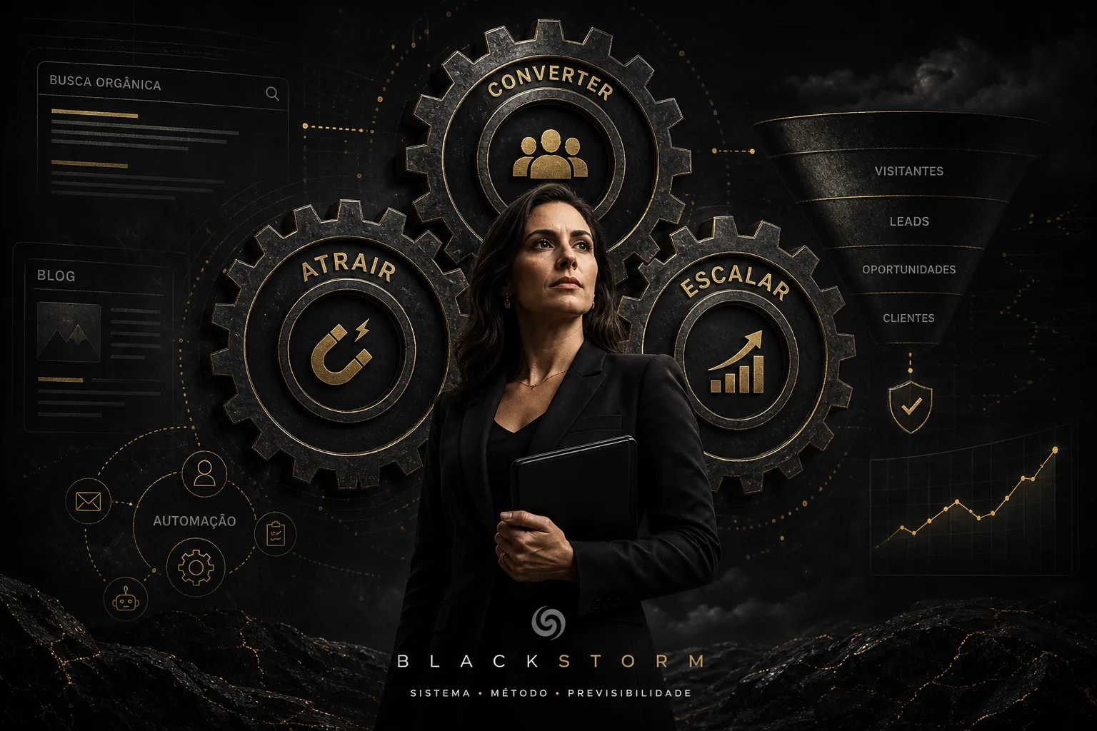 Corretora de seguros no centro de um sistema visual em engrenagens representando Atrair, Converter e Escalar, com elementos sutis de blog, busca orgânica, funil e automação em estética escura e premium.