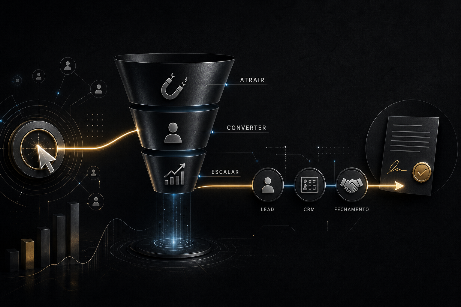Imagem editorial escura e premium com funil de vendas em três camadas representando Atrair, Converter e Escalar, com elementos de clique, lead, CRM e contrato assinado conectados por linhas de dados.