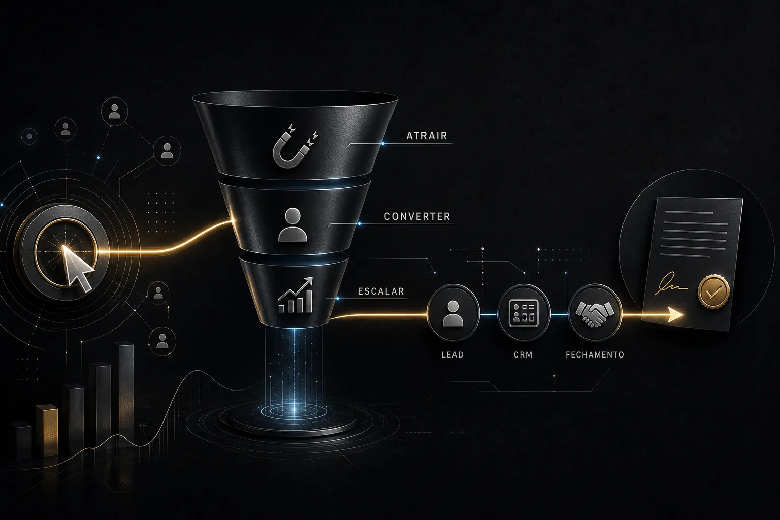 Imagem editorial escura e premium com funil de vendas em três camadas representando Atrair, Converter e Escalar, com elementos de clique, lead, CRM e contrato assinado conectados por linhas de dados.