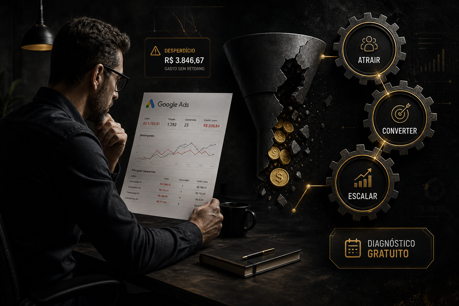 Pequeno empresário analisando relatórios de Google Ads com sinais de desperdício ao lado de um funil rompido e engrenagens de Atrair, Converter e Escalar em estética escura.