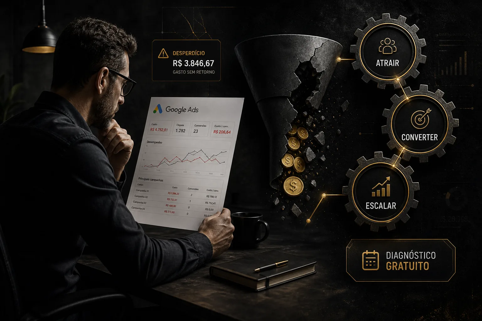 Pequeno empresário analisando relatórios de Google Ads com sinais de desperdício ao lado de um funil rompido e engrenagens de Atrair, Converter e Escalar em estética escura.