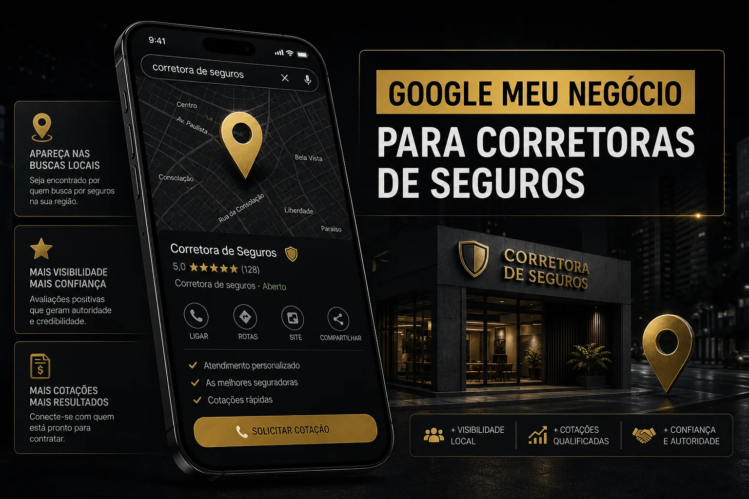 Tela de celular mostrando uma corretora de seguros destacada no Google Maps com elementos de localização, cotações e visual premium sobre Google Meu Negócio para corretoras de seguros.