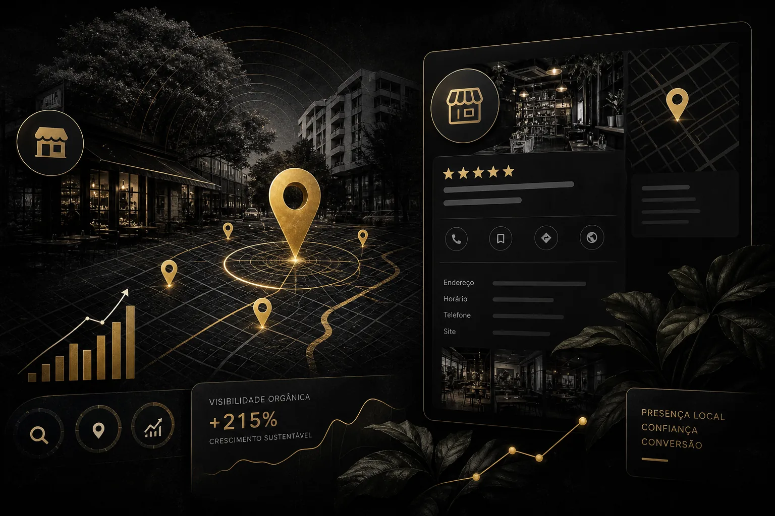 Imagem hero escura e elegante sobre Google Meu Negócio, com mapa local, pins em destaque, tela de perfil da empresa no Google e elementos de performance, representando presença no bairro e crescimento orgânico.