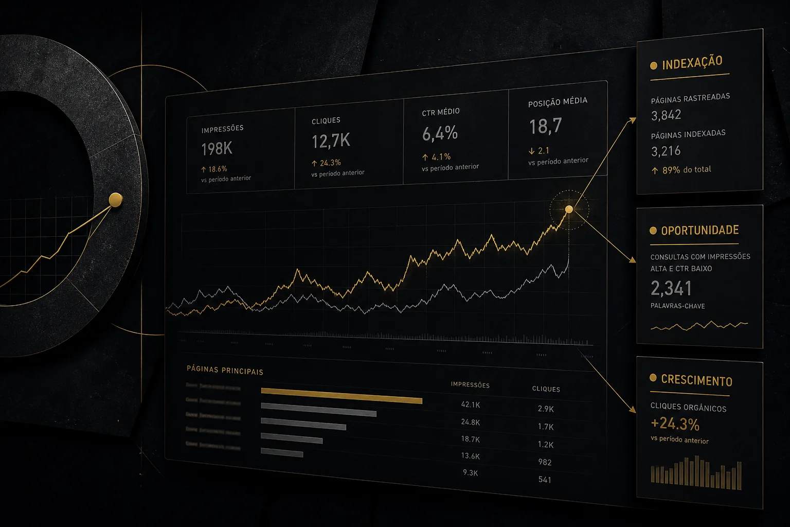 Dashboard escuro com gráficos de impressões, cliques e tendências do Google Search Console, com setas e alertas destacando indexação, oportunidade e crescimento em estilo premium Dark n' Black.