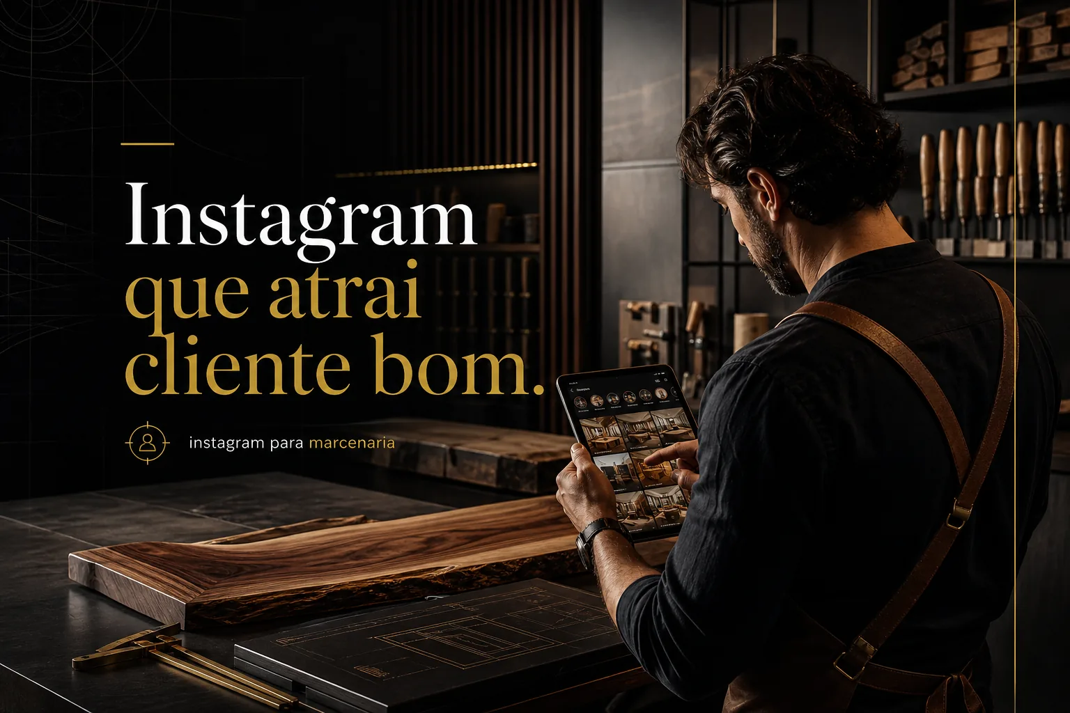 Marceneiro analisando um projeto em tablet com Instagram aberto em uma marcenaria moderna e sofisticada, com madeira nobre e detalhes em preto.
