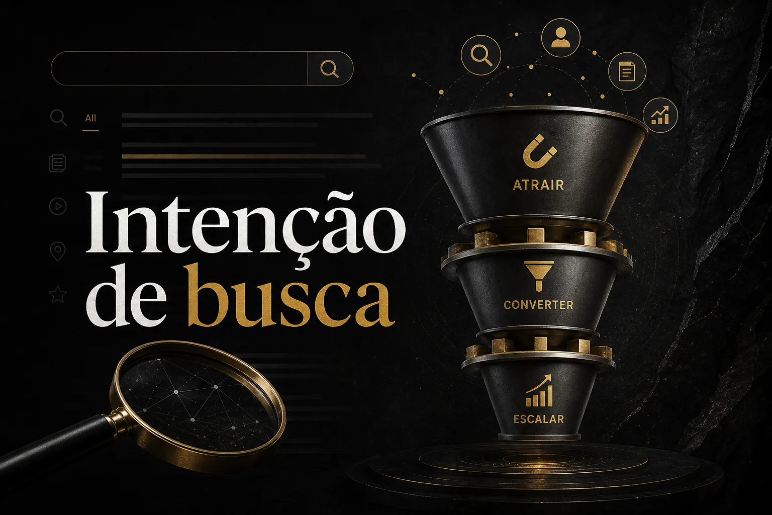 Imagem editorial escura sobre intenção de busca no SEO, com funil ou engrenagem em três etapas representando Atrair, Converter e Escalar, além de elementos de SERP, lupa e busca orgânica ao fundo.