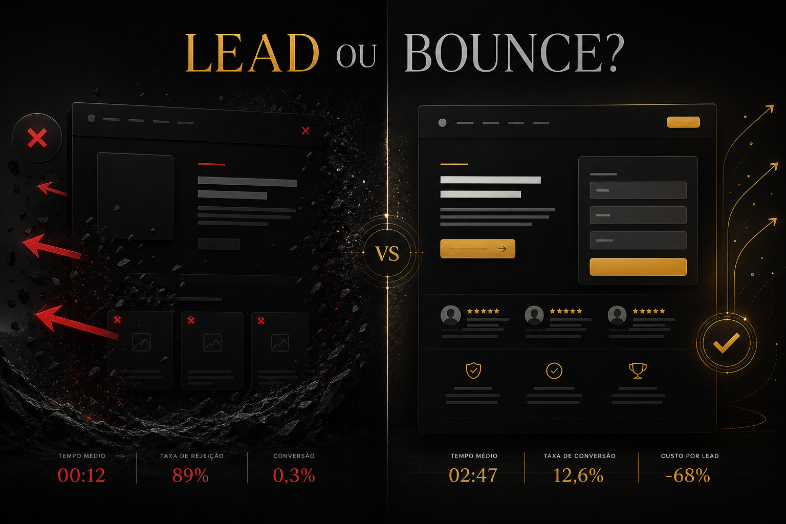 Imagem editorial dark premium com landing page dividida em dois caminhos: à esquerda bounce com ruído e setas de saída, à direita lead com formulário simples, prova social e CTA destacado, com o título Lead ou Bounce?