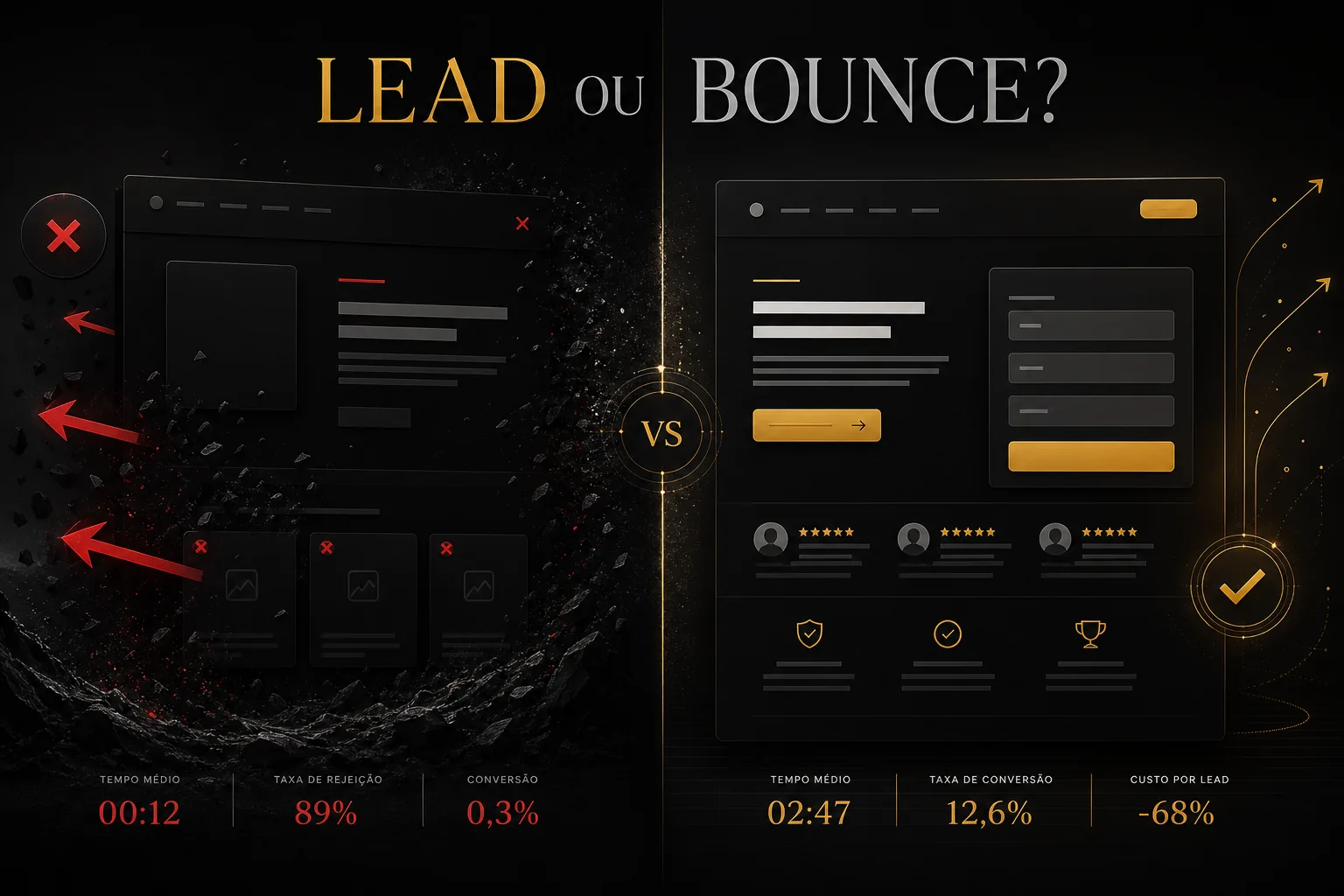 Imagem editorial dark premium com landing page dividida em dois caminhos: à esquerda bounce com ruído e setas de saída, à direita lead com formulário simples, prova social e CTA destacado, com o título Lead ou Bounce?