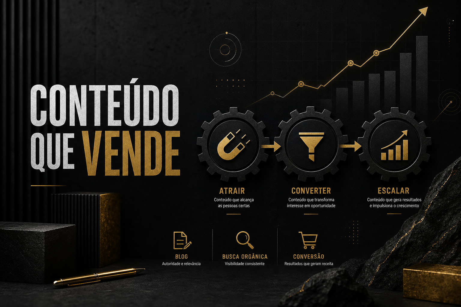 Imagem editorial dark premium sobre marketing de conteúdo com fluxo em três etapas: Atrair, Converter e Escalar, com gráfico ascendente e ícones de blog, busca orgânica e conversão. Título sobreposto: Conteúdo que vende.
