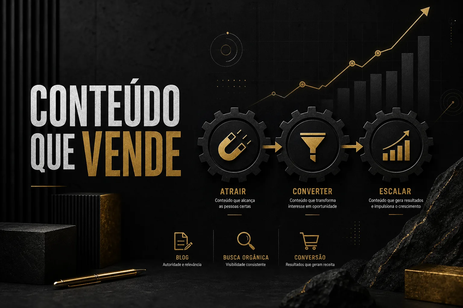Imagem editorial dark premium sobre marketing de conteúdo com fluxo em três etapas: Atrair, Converter e Escalar, com gráfico ascendente e ícones de blog, busca orgânica e conversão. Título sobreposto: Conteúdo que vende.