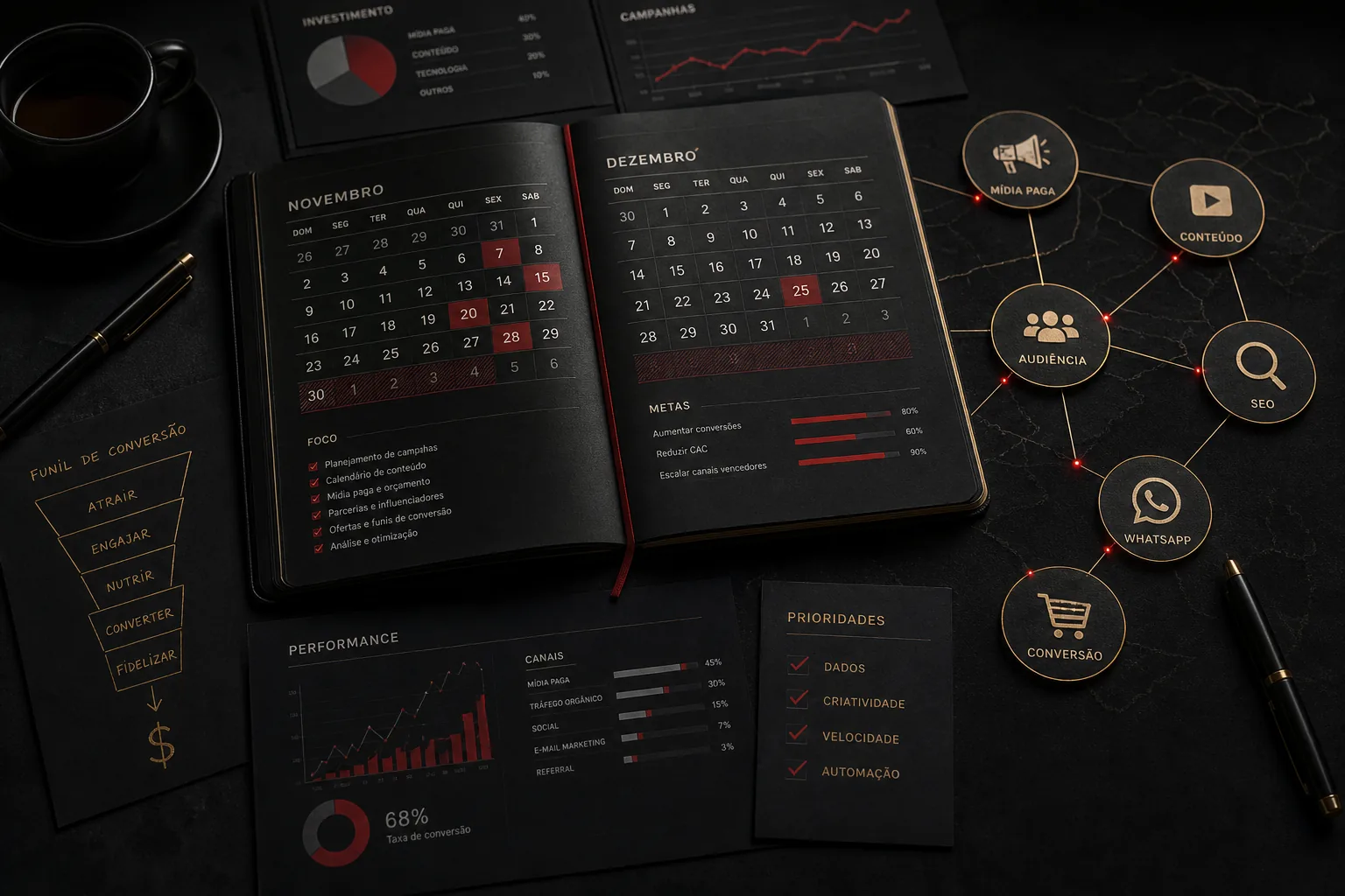 Mesa de planejamento com calendário de novembro e dezembro, gráficos de campanha e ícones de mídia, conteúdo e conversão conectados em uma imagem editorial premium escura sobre marketing digital fim de ano.