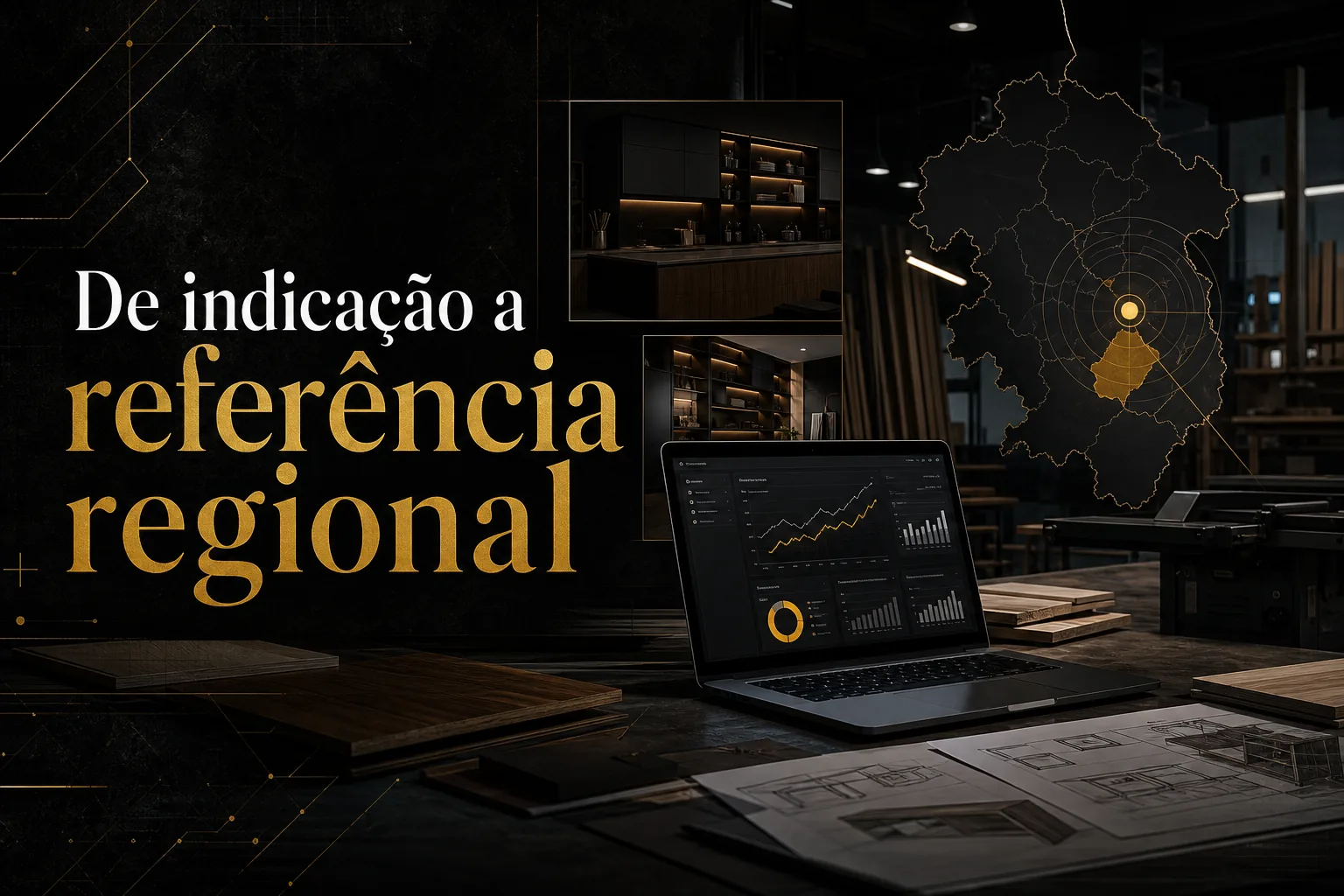 Marcenaria moderna com notebook exibindo métricas, mapa regional destacado e projetos de móveis ao fundo, ilustrando marketing digital para marcenaria e presença local.