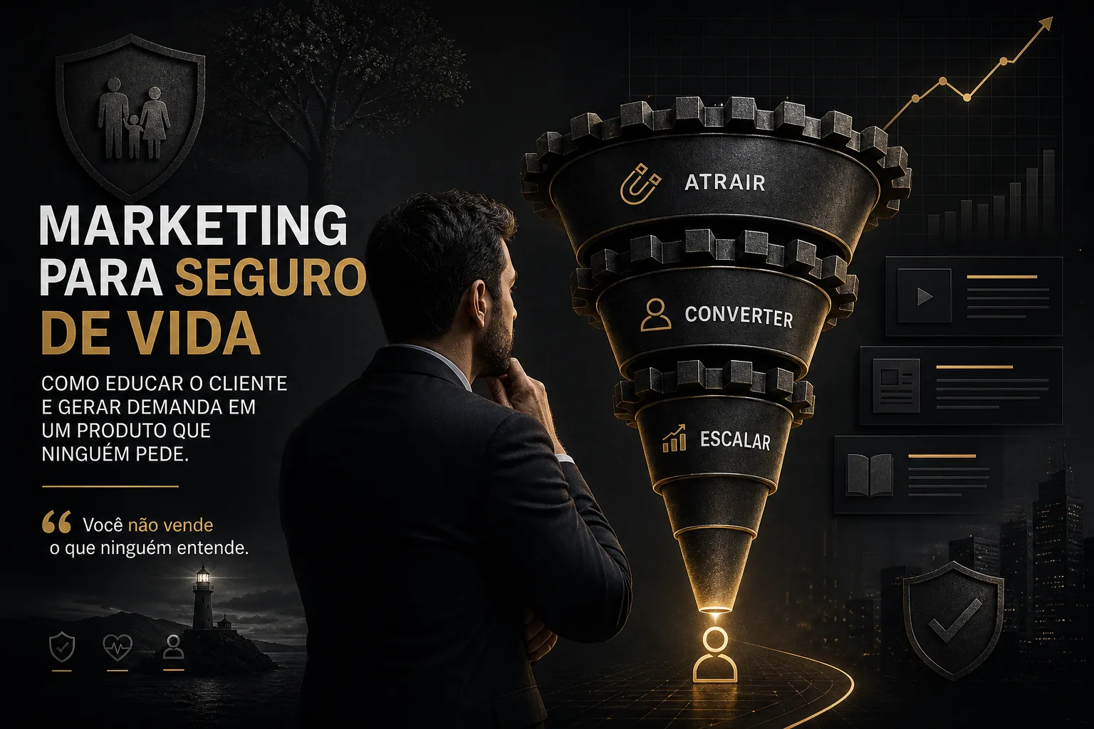 Corretor em destaque olhando para um funil visual com engrenagens Atrair, Converter e Escalar, em uma arte escura e estratégica sobre marketing para seguro de vida.