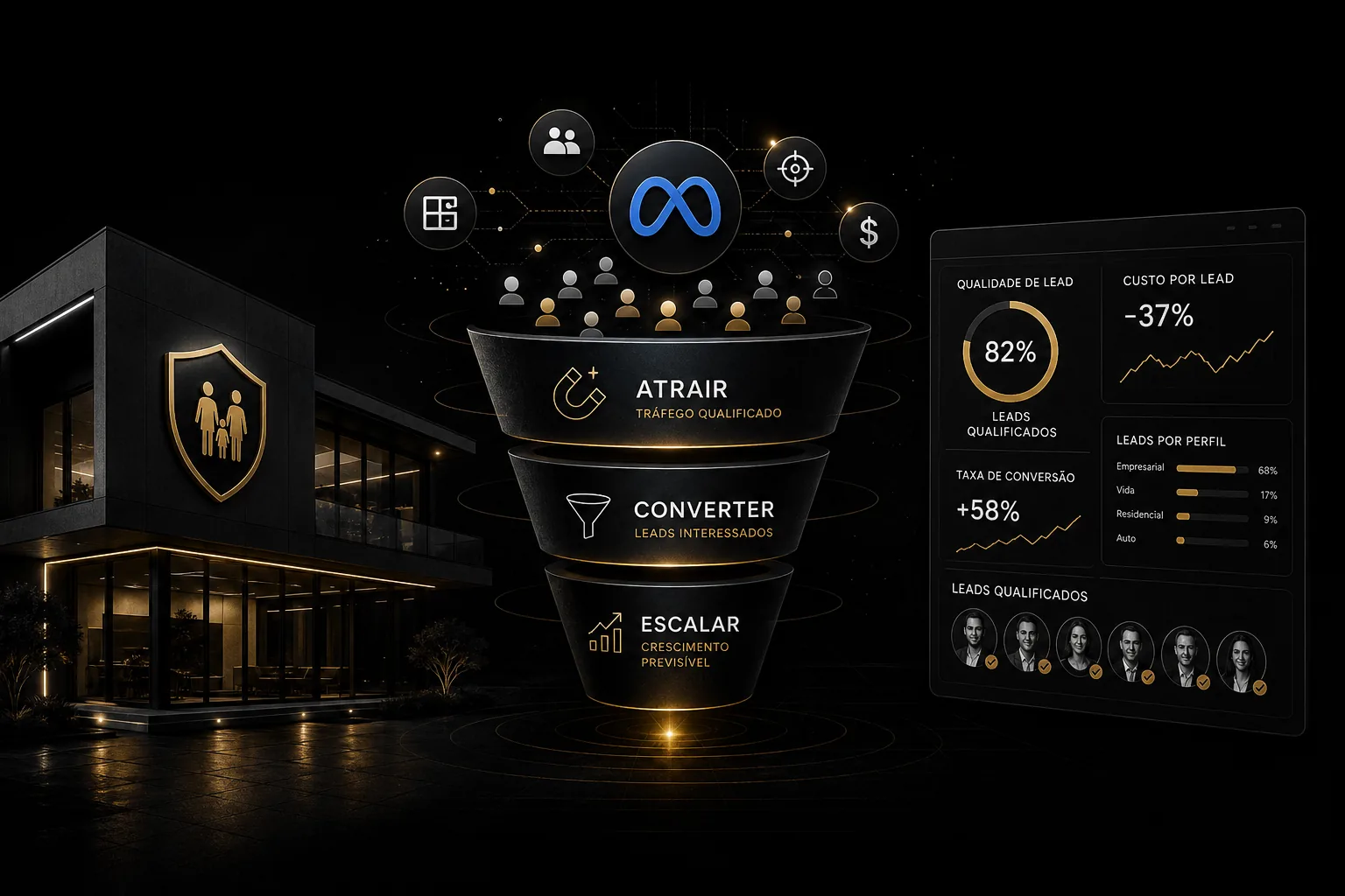 Corretora de seguros em estética dark premium com ícones de Meta Ads, funil de Atrair, Converter e Escalar e painel de leads qualificados.