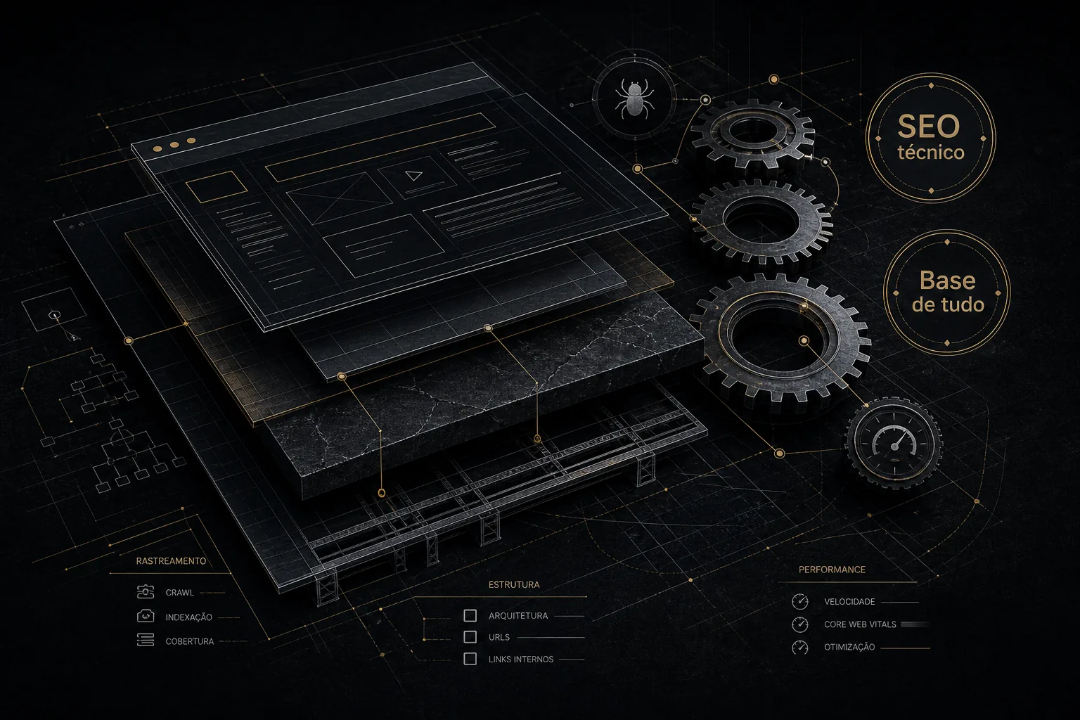 Imagem hero com estética Dark n Black mostrando uma estrutura técnica em camadas, engrenagens conectadas e um site em blueprint, destacando SEO técnico como base de tudo para rastreamento e performance.