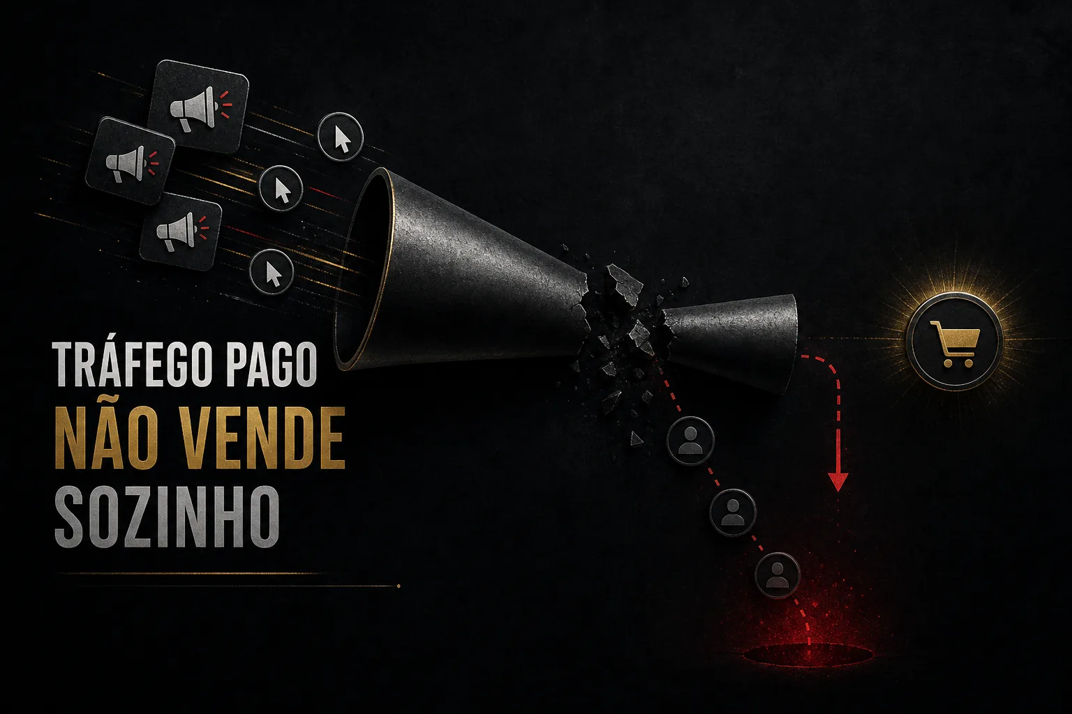 Imagem em estética dark mostrando um funil quebrado com anúncios e cliques de um lado e queda antes da venda, ilustrando que tráfego pago não vende sozinho.