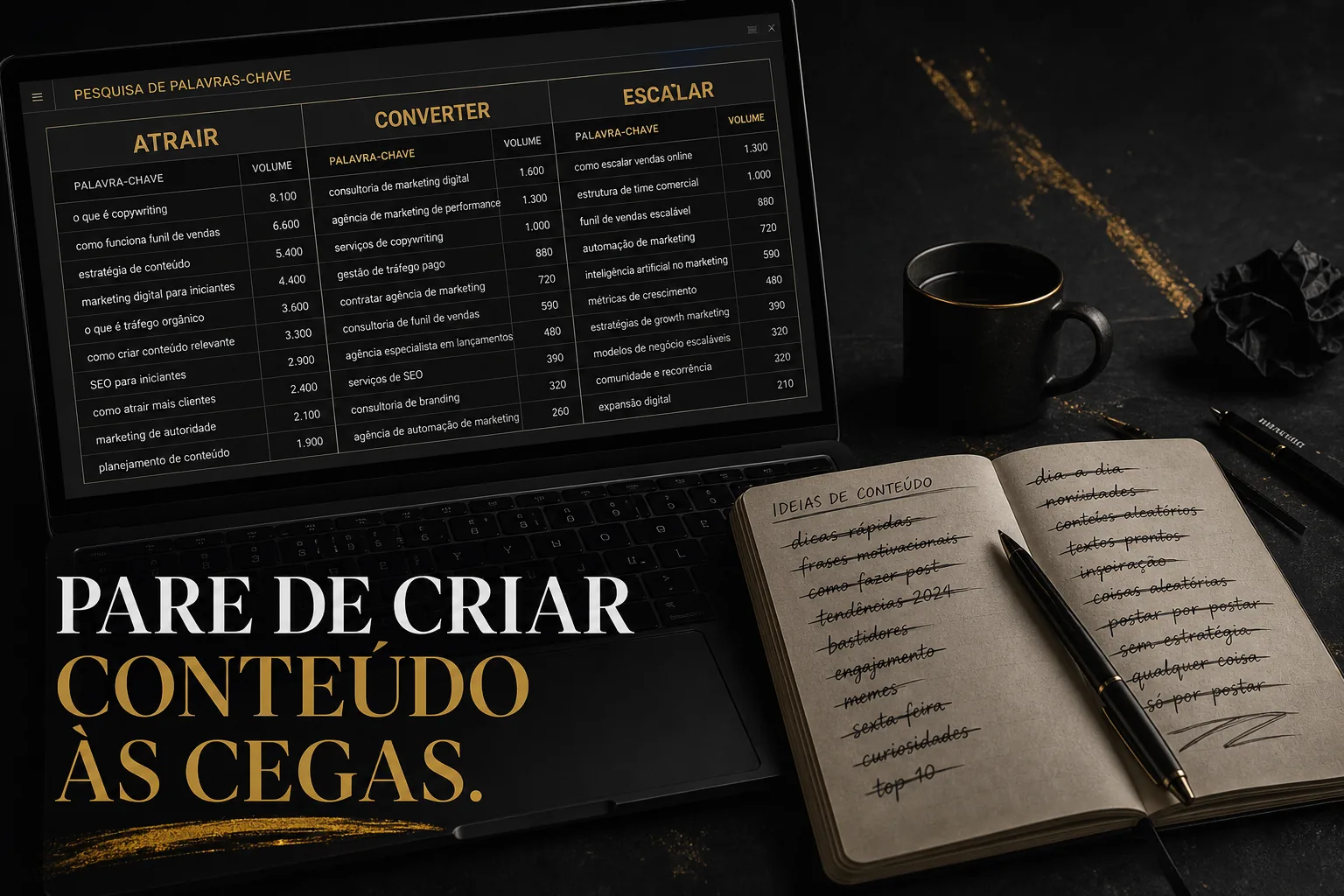 Imagem editorial com uma planilha de keyword research organizada em três colunas grandes, Atrair, Converter e Escalar, ao lado de um bloco de notas com temas soltos riscados, em visual escuro e provocativo com o título Pare de criar conteúdo às cegas.
