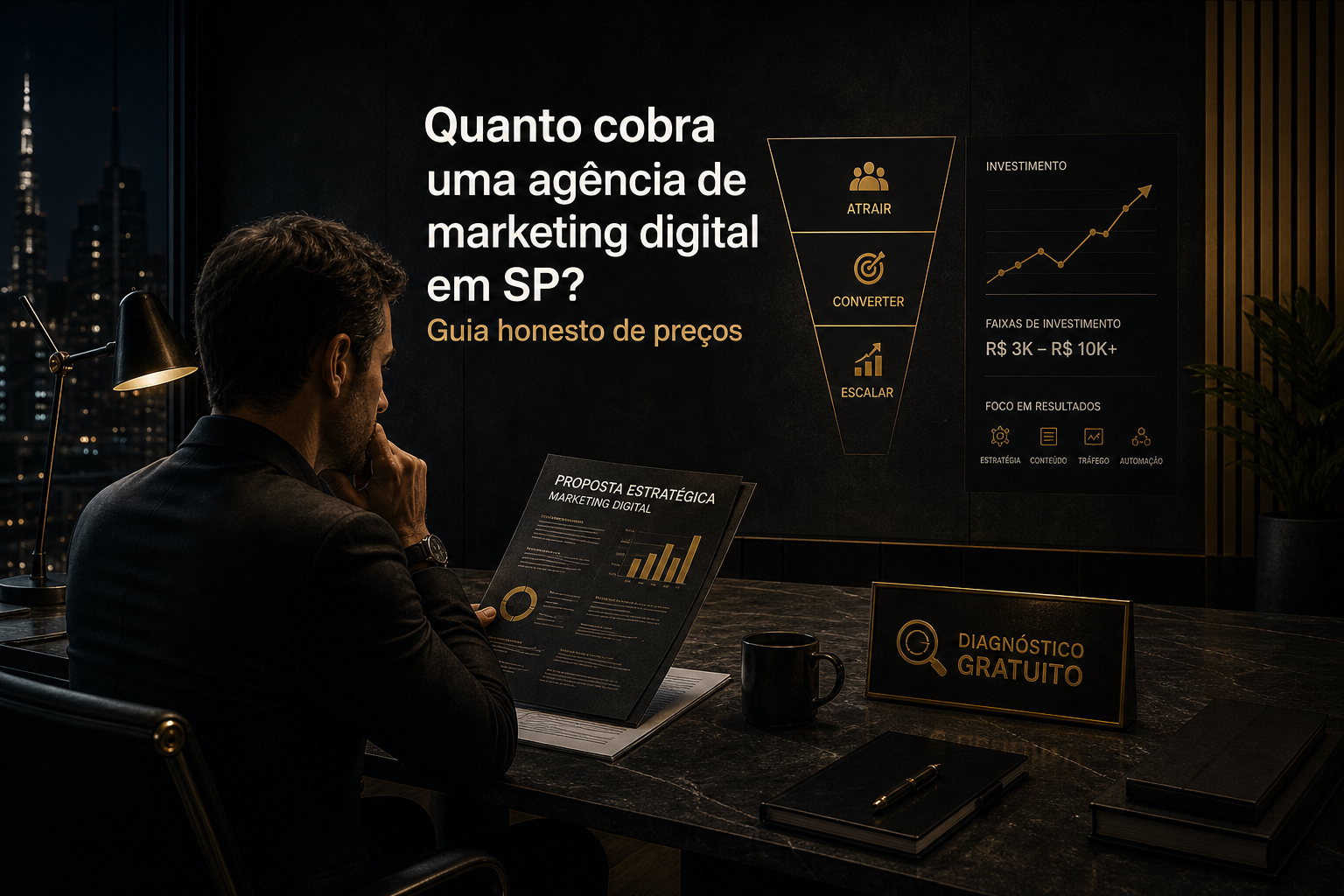 Empresário em São Paulo analisando proposta de marketing digital sobre a mesa, com gráficos de preço, funil de vendas e destaque para Diagnóstico Gratuito da Dark n Black.