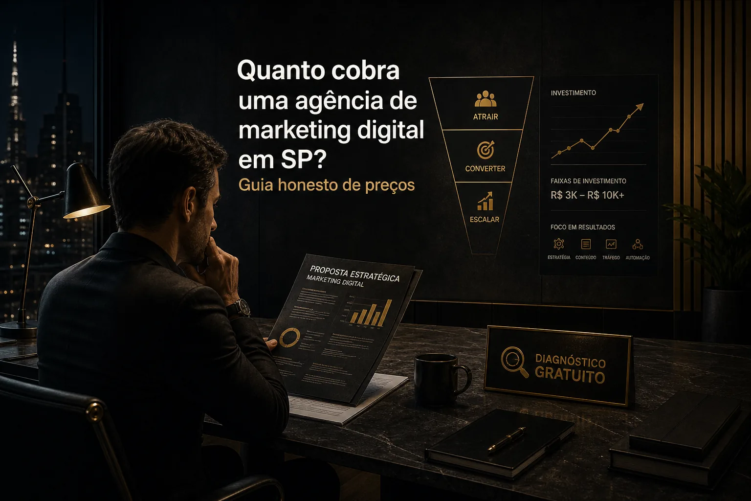 Empresário em São Paulo analisando proposta de marketing digital sobre a mesa, com gráficos de preço, funil de vendas e destaque para Diagnóstico de Aquisição da Dark n Black.