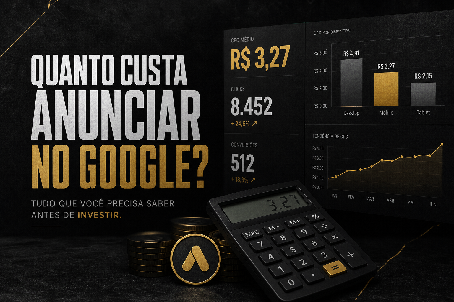 Imagem editorial escura e sofisticada com calculadora e gráfico de CPC destacando o título Quanto custa anunciar no Google?