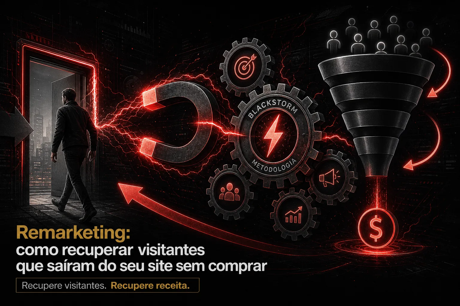 Arte escura com estética Dark n Black mostrando um visitante saindo de um site e sendo puxado de volta por engrenagens luminosas, com funil, setas de retorno e o texto recupere visitantes recupere receita.