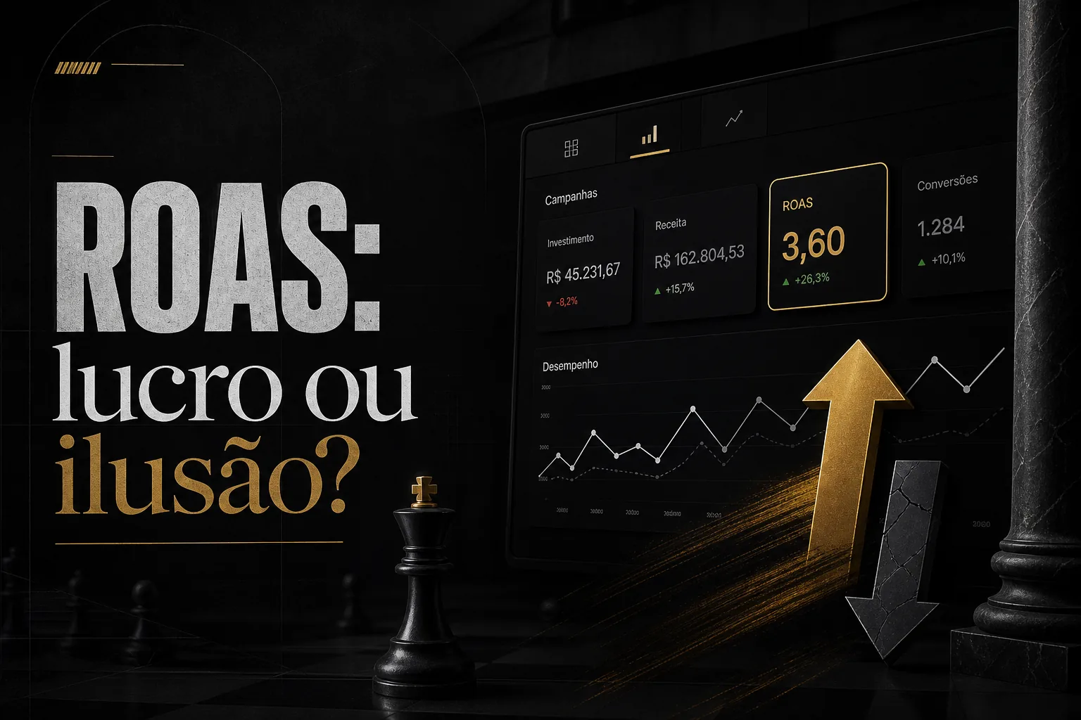 Dashboard de anúncios em estilo escuro com destaque para ROAS, setas de alta e baixa e mensagem ROAS: lucro ou ilusão?