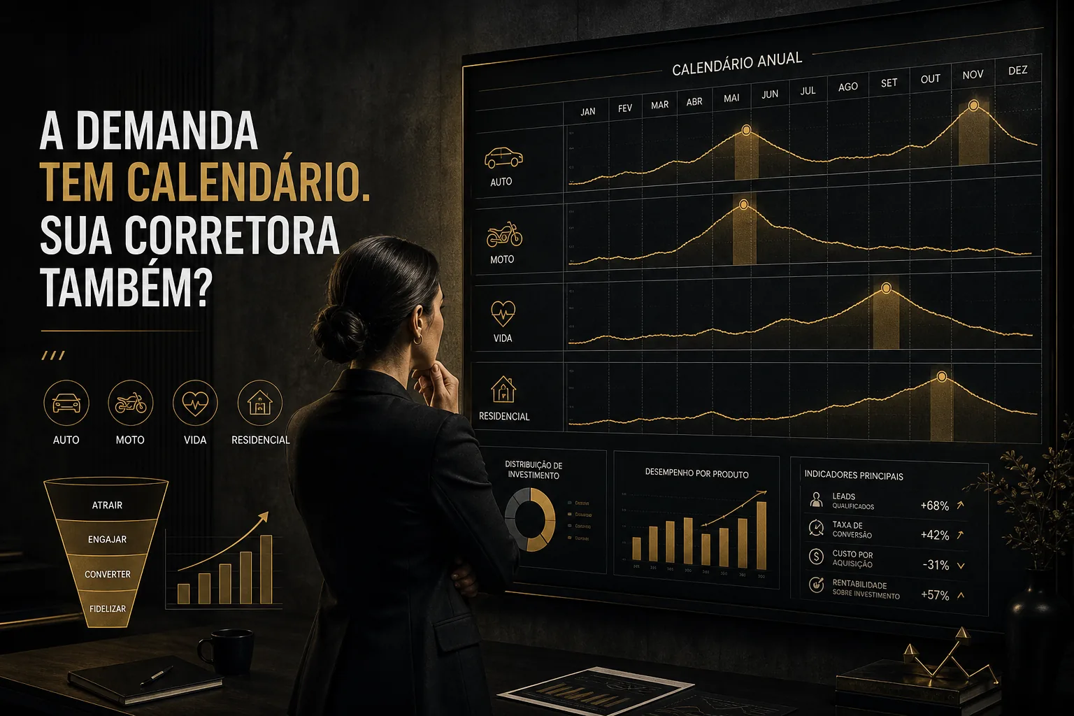 Corretora observando um calendário anual em formato de painel tático com picos destacados para seguros auto, moto, vida e residencial, em visual escuro e estratégico.