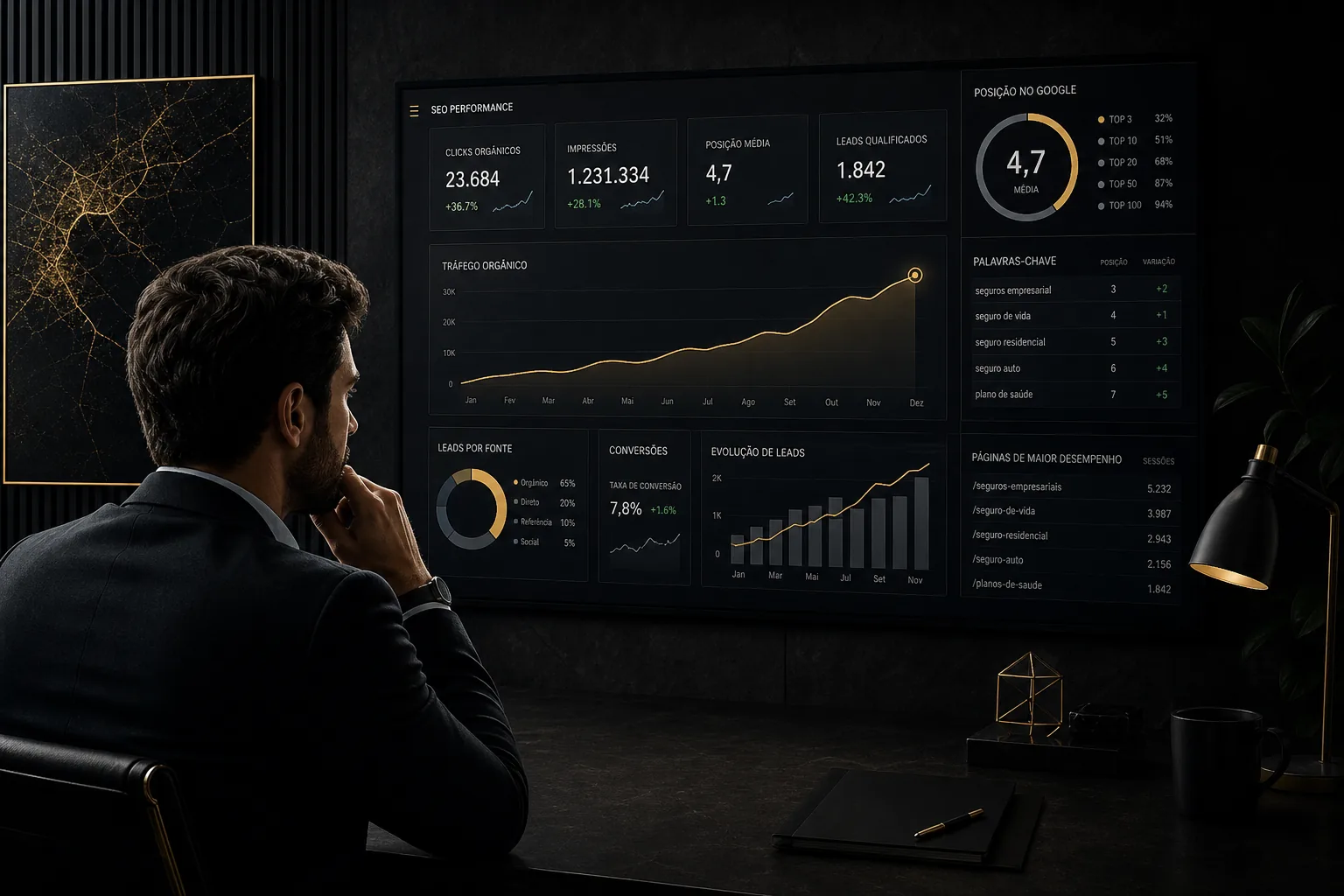 Corretor de seguros observando um painel estratégico com gráficos de tráfego, leads e posições no Google em uma estética corporativa premium.