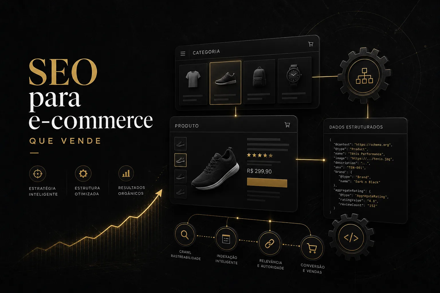 Imagem editorial escura mostrando uma loja virtual em camadas com categoria, produto e dados estruturados conectados por linhas, representando SEO para e-commerce e crescimento orgânico.