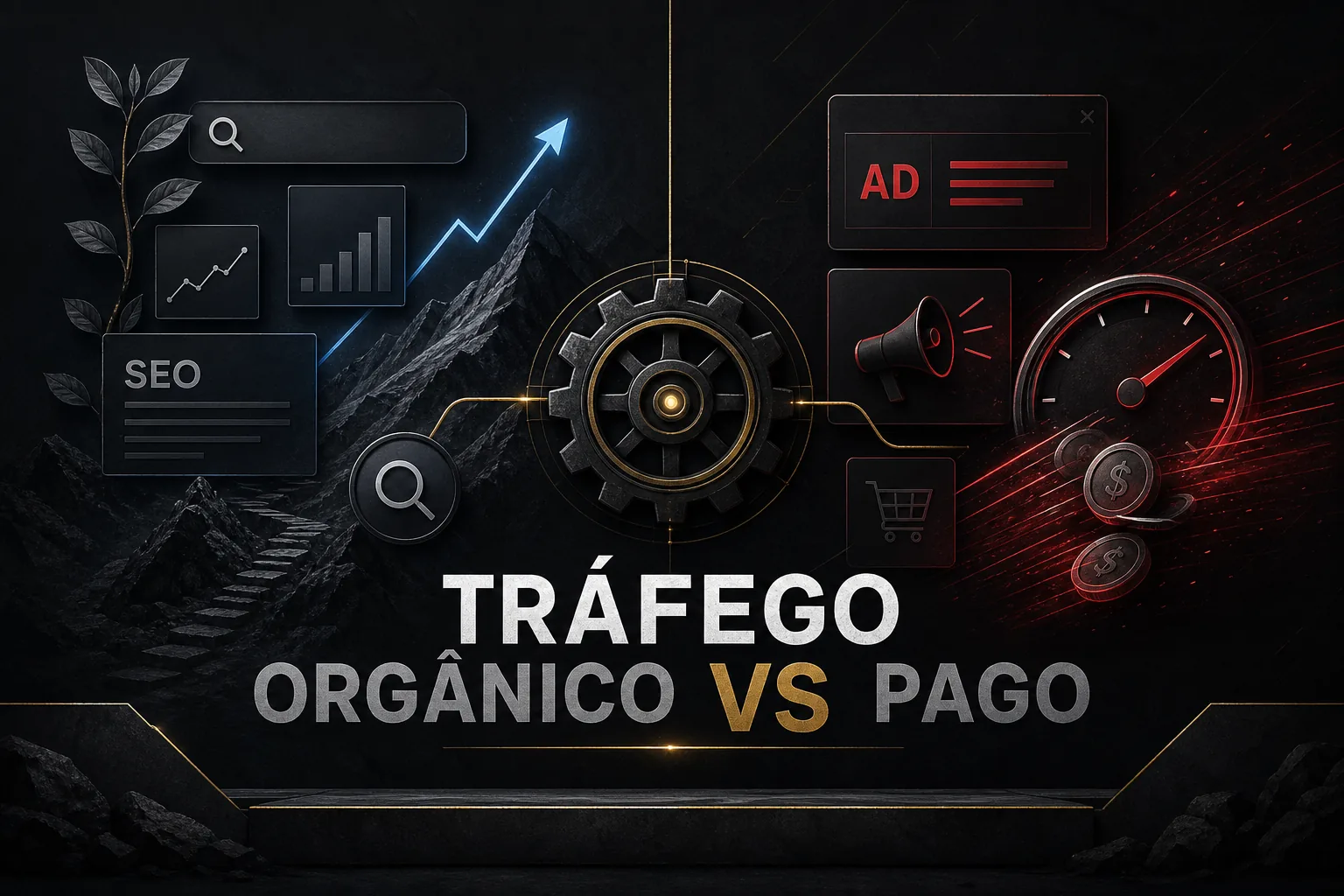 Imagem editorial dividida entre tráfego orgânico e tráfego pago, com elementos de SEO, busca e crescimento à esquerda e ícones de anúncios, velocidade e performance à direita, conectados por uma engrenagem central.
