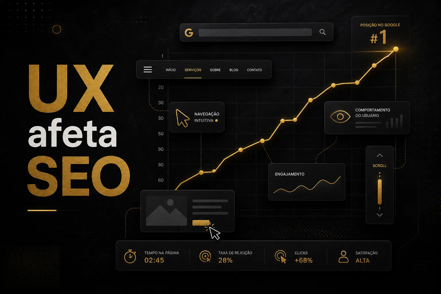 Imagem editorial em estilo dark premium mostrando um gráfico de ranqueamento do Google atravessado por elementos de interface, navegação e comportamento do usuário, com o texto ‘UX afeta SEO’.