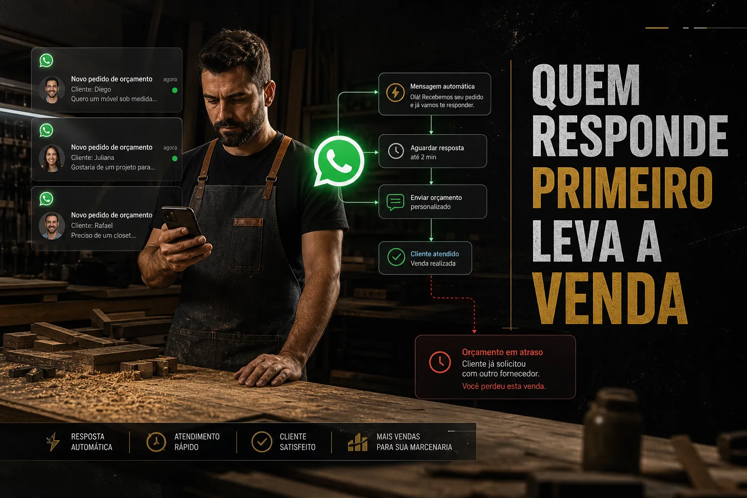 Marceneiro olhando o celular ao lado de um balcão de marcenaria com notificações de WhatsApp e orçamento em atraso, destacando a frase quem responde primeiro leva a venda.